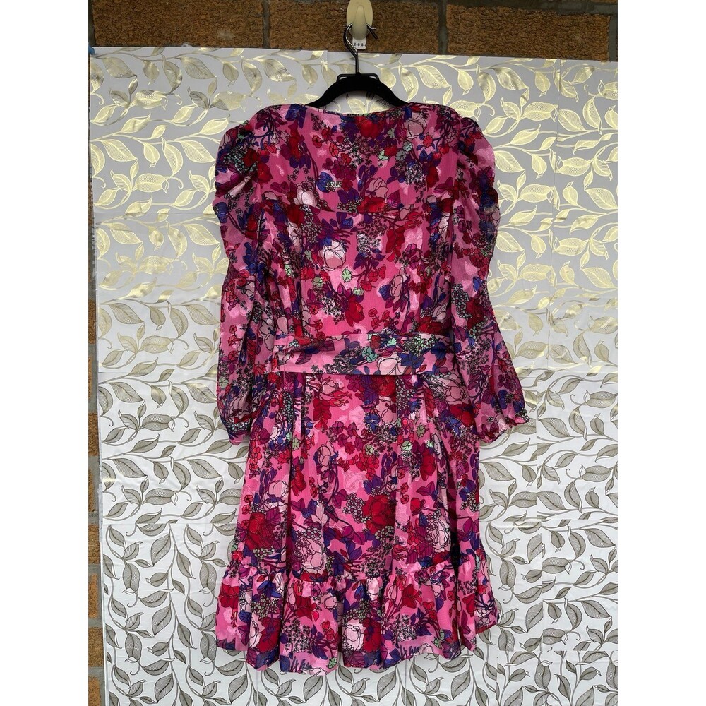 Tanya Taylor Pink Floral Silk-Look Wrap Dress Puff Sleeve Romantic Gardencore 12 - Picture 7 of 12
